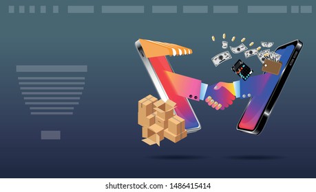 Compras en línea usando smartphone y estrechar manos con Pedidos, Pago, transferencia de pagos, entrega de productos   - Creatividad moderna Idea y Concepto vector ilustración.
