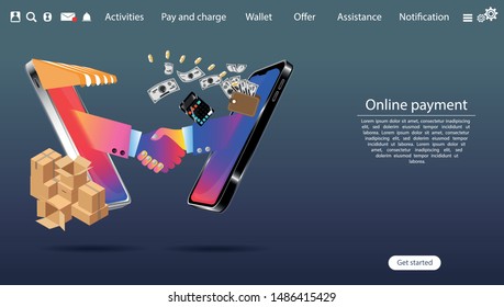 Online shopping using smartphone and Shake hands  with Ordering, Pay,  payment transfer , product delivery   -  Creativity modern Idea and Concept illustration vector Infographics template.