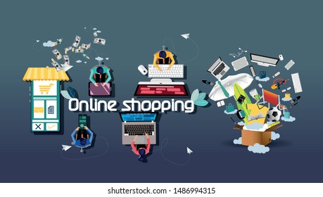 Online shopping using Smartphone ,Tablet,Laptop,Computer - Text Online shopping  -  Creativity modern Idea and Concept illustration vector.