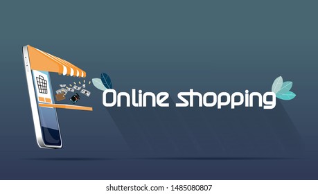 Online shopping using smartphone with Text Online shopping  -  Creativity modern Idea and Concept illustration vector.