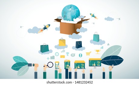 Online shopping using smartphone,tablet, laptop,computer - flat style Creativity modern Idea and Concept illustration.