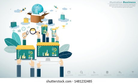 Online shopping using smartphone,tablet, laptop,computer - flat style Creativity modern Idea and Concept illustration Infographic template. 
