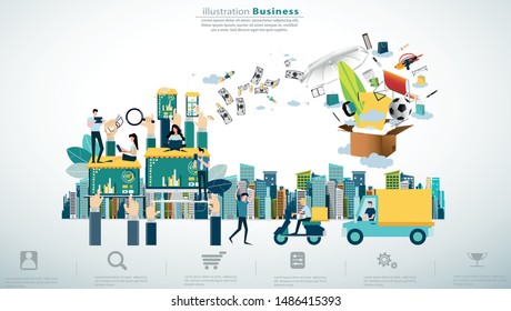 Online shopping using smartphone,tablet, laptop,computer with Ordering, Pay, Product delivery  -  Creativity modern Idea and Concept illustration vector Infographics template.