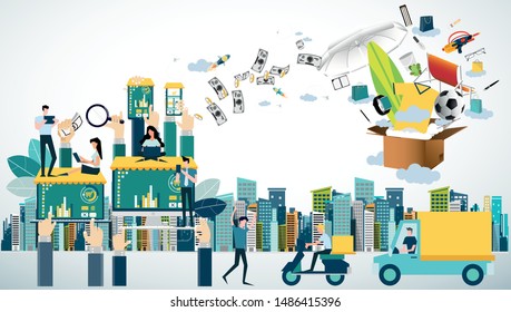 Online shopping using smartphone,tablet, laptop,computer with Ordering, Pay, Product delivery  -  Creativity modern Idea and Concept illustration vector.
