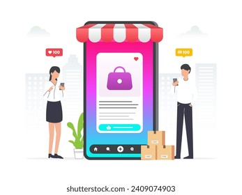 Online shopping using social commerce illustration. Man and woman using smartphone to buy product on social commerce.