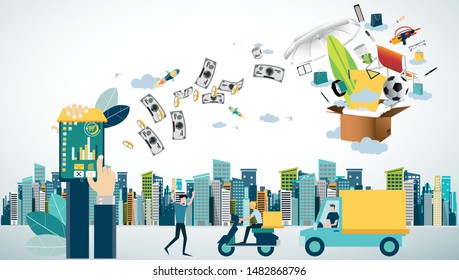 Online shopping using tablet with Ordering, Pay, Product delivery  -  Creativity modern Idea and Concept illustration vector.