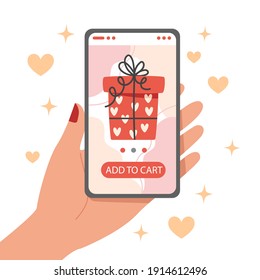 Online shopping for valentine's day gift using smartphone, flat style illustration