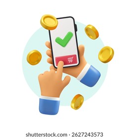 Online shopping vector 3d illustration. Cartoon mobile phone in hands, payment in app icon. Smartphone purchase concept with gold coins flying