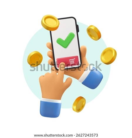Online shopping vector 3d illustration. Cartoon mobile phone in hands, payment in app icon. Smartphone purchase concept with gold coins flying