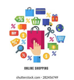 Online shopping vector background. Flat e-commerce icons and symbols. Abstract design concept for online store, customer service, delivery. 