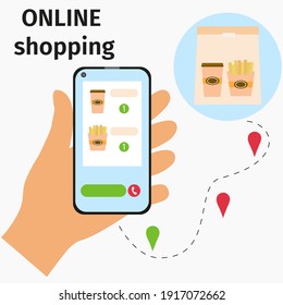 Online shopping. Vector shopping by phone. Order food through the app. Contactless purchase method. Hand with phone.