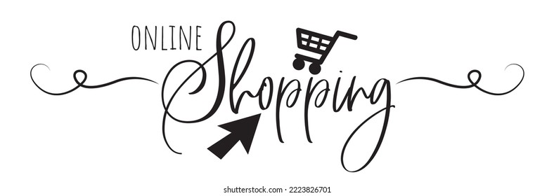Online Shopping, vector. Shopping cart illustration. Stencil art design isolated on white background.  