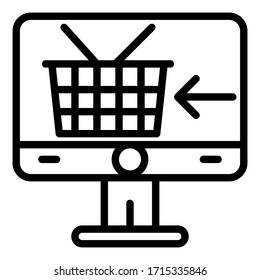 El vector de compra en línea es el icono de contorno de tienda de computadoras con cesta de compra en el mercado sobre fondo blanco.