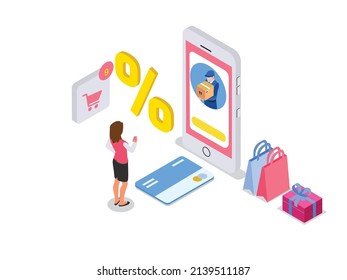 Online shopping vector concept. Courier man delivering package to young woman while using mobile phone application