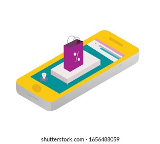 Online shopping vector concept. Vector icon of a 3D phone with purchases.