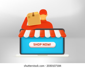Online shopping vector concept. Man delivering goods. Shop now