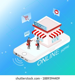 Diseño vectorial de compra en línea de teléfono móvil isométrico representa de tienda.marketing y digital.phone, teléfono, compras.