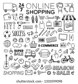Online shopping vector doodle icons on white background. Hand drawn commerce and buying symbols and signs collection