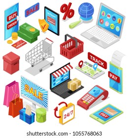 Online shopping vector e-commerce technology with digital payment in internet shop and pos terminal for credit card in store illustration set of ecommerce isometric icons isolated on white background