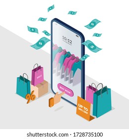 online shopping vector flat on smartphone with isometric concept.