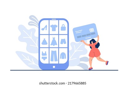 Online shopping. Vector hand drawn woman with bank card runs to buy goods. The product catalog in telephone on the web browser page. Shopping boxes. Landing web page template.