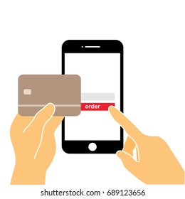 Online shopping vector. Hand holding credit card and pointing hand with mobile phone on white background.