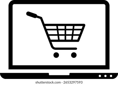 ícone de vetor de compras online, ícone de carrinho de compras na tela do laptop, Contendo saco, cesta, loja online negócio, clique no botão. para app e site
