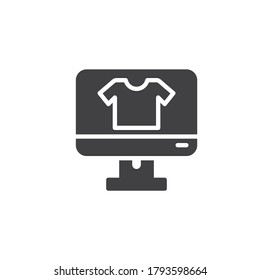 Online shopping vector icon. filled flat sign for mobile concept and web design. Computer monitor with t-shirt glyph icon. Symbol, logo illustration. Vector graphics