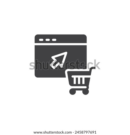 Online Shopping vector icon. filled flat sign for mobile concept and web design. Website with shopping cart and arrow glyph icon. E-commerce platform symbol, logo illustration. Vector graphics