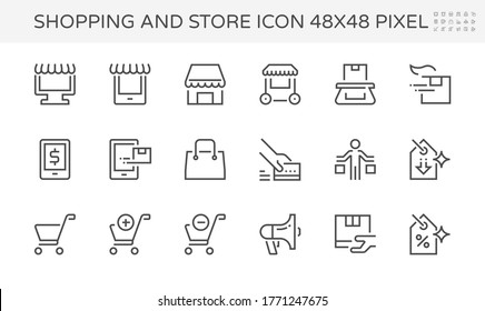 Online shopping vector icon. Include shop store, delivery, add to cart, bag and people shopper. Paid or pay by credit card. Concept of sale, buy, purchase, promotion and discount. Editable stroke.
