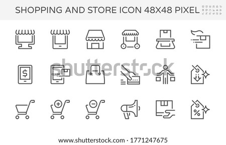 Online shopping vector icon. Include shop store, delivery, add to cart, bag and people shopper. Paid or pay by credit card. Concept of sale, buy, purchase, promotion and discount. Editable stroke.