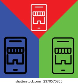 Online shopping Vector Icon, Outline style icon, from Advertisement icons collection, isolated on Red, Yellow, Green and White Background.