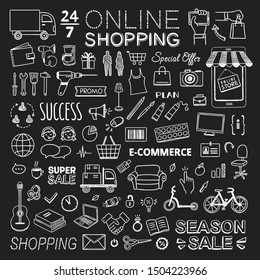 Online shopping vector icon set. Hand drawn business elements and signs on dark background