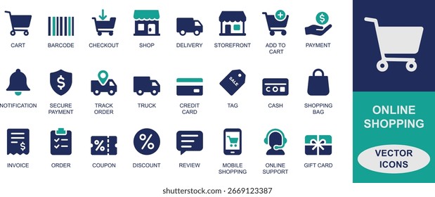 Conjunto de iconos de Vector de compras en línea. Incluyendo Carrito, Completar compra, descuento, entrega, pago, lista de deseos, Cupón, paquete, código de barras y móvil. Perfecto para la interfaz de usuario de comercio electrónico.