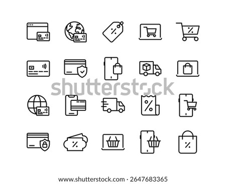 Online Shopping Vector Icon Set | Payment, cart, delivery, discount, mobile checkout, receipt, credit card, shipping, e-commerce, secure transaction, purchase, offer, product
