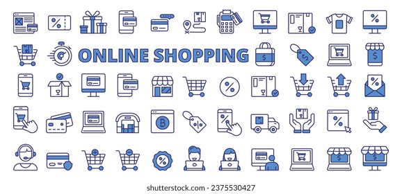 Online shopping vector icons in line design blue.  
Shopping, Cart, Bag, Online, Buy, Sale, Retail, E-commerce, Payment, icons isolated on white background vector.