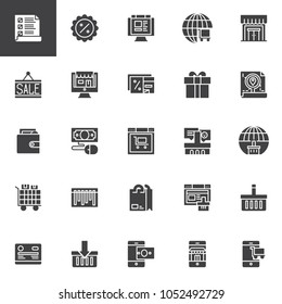 Online shopping vector icons set, modern solid symbol collection, filled style pictogram pack. Signs, logo illustration. Set includes icons as Wishlist, Discount, Store, Gift box, Customer feedback