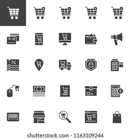 Online shopping vector icons set, modern solid symbol collection filled style pictogram pack. Signs logo illustration. Set includes icons as Shopping cart, Credit card, Shop, Wallet, Megaphone, Coupon