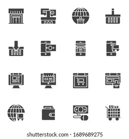 Juego de iconos vectoriales de compra en línea, colección moderna de símbolos sólidos, paquete pictograma estilo relleno. Señales, ilustración del logotipo. Set incluye iconos como tienda global, cesta de compra, pago, soporte en línea