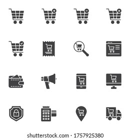 Online shopping vector icons set, modern solid symbol collection, filled style pictogram pack. Signs, logo illustration. Set includes icons as shopping cart, purchase payment transaction, delivery