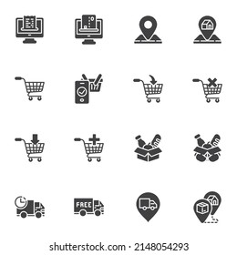 Online shopping vector icons set, modern solid symbol collection, filled style pictogram pack. Signs logo illustration. Set includes icons as online payment, delivery service, shopping cart, marketing