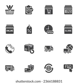 Online shopping vector icons set, ecommerce modern solid symbol collection, filled style pictogram pack. Signs, logo illustration. Set includes icons as shopping basket, free delivery service, sale