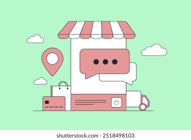 Ilustración vectorial de compra online sobre venta social, marketing digital y mensajería directa para empresas. Muestra cómo las tiendas locales pueden vender en línea y conectarse con Clientes para aumentar las ventas