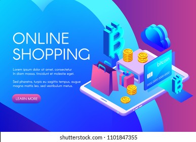 Online shopping vector illustration of bitcoin payment or cryptocurrency card in digital trade technology. Crypto currency, euro and dollar coins in smartphone internet cloud on ultraviolet background