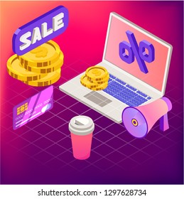 Online shopping. Vector illustration of business. Sale, internet, design. Digital marketing picture.
