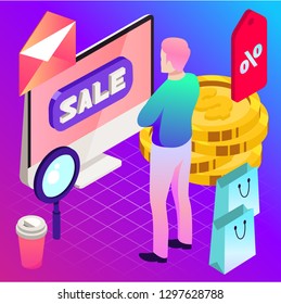 Online shopping. Vector illustration of business. Sale, internet, design. Digital marketing picture.