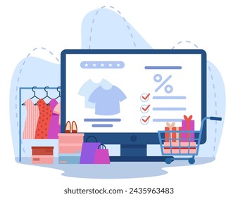 Online shopping vector illustration. Computer, shopping cart, bags, clothes on rack. E-commerce boom concept