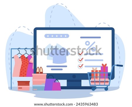 Online shopping vector illustration. Computer, shopping cart, bags, clothes on rack. E-commerce boom concept
