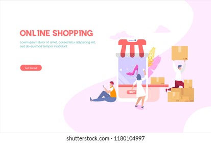 online shopping vector illustration concept, group of people shopping using smartphone and laptop can use for, landing page, template, ui, web, mobile app, poster, banner, flyer