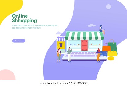 online shopping vector illustration concept, group of people shopping using smartphone and laptop can use for, landing page, template, ui, web, mobile app, poster, banner, flyer